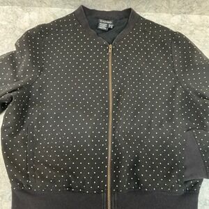 Castro Bomber Jacket Size 10 Black White Polka Dot Sheer Lined Zip Ribbed Trim
